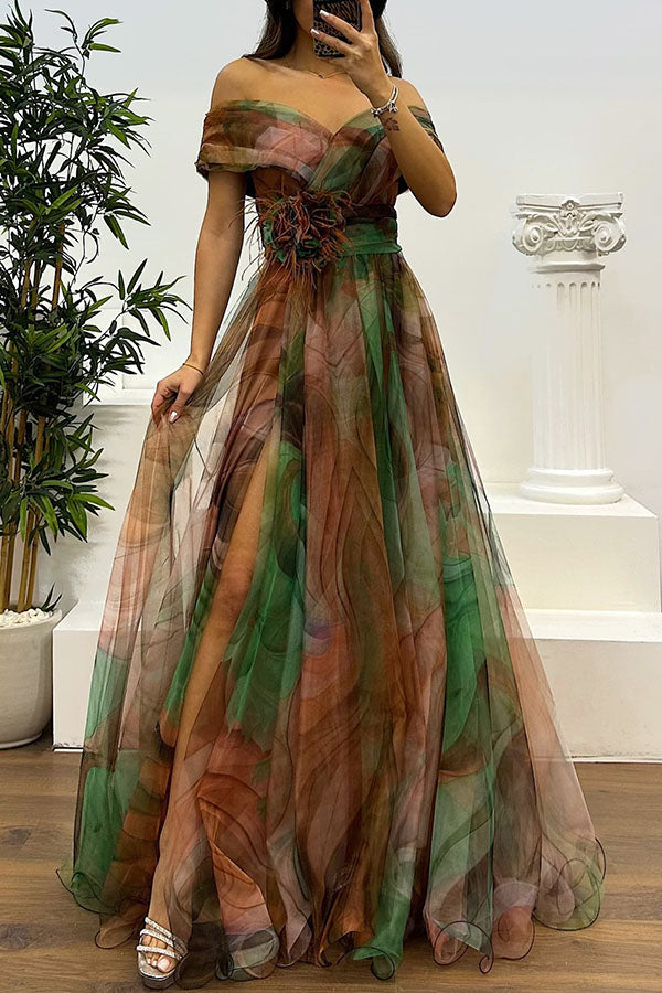 Elavita - Jinnie – Tulle Maxi Dress with Feather Detailing & Elegant Slit