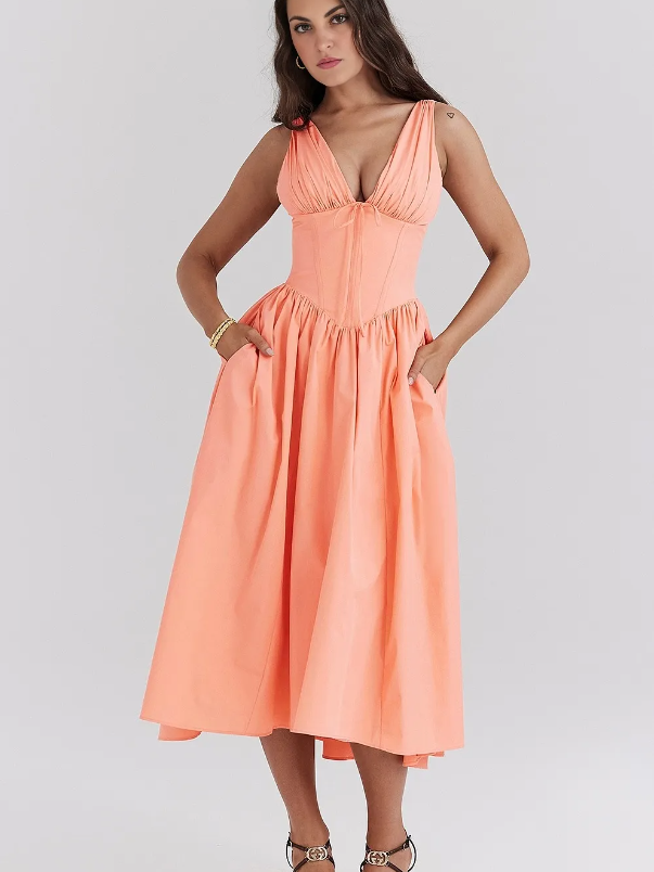 Elavita - Ariana - V-neck midi dress with corset and flared skirt
