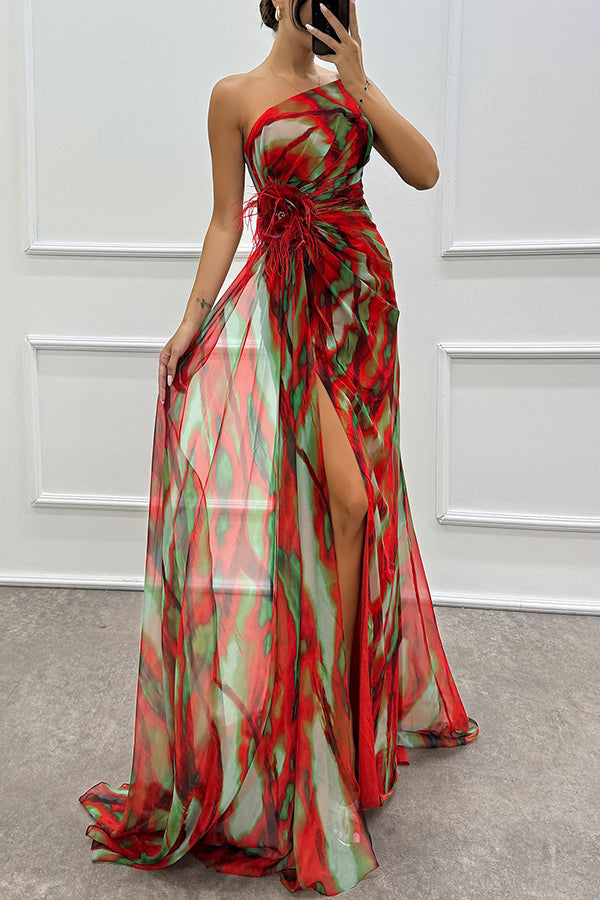 Elavita - Claudia – Off-the-Shoulder Maxi Dress with Watercolor Print & Feather Roses