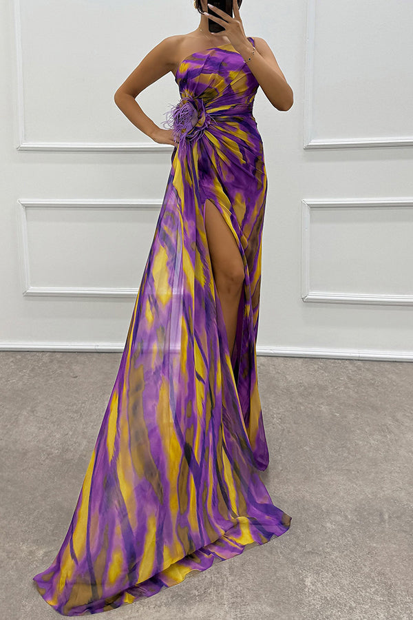 Elavita - Claudia – Off-the-Shoulder Maxi Dress with Watercolor Print & Feather Roses