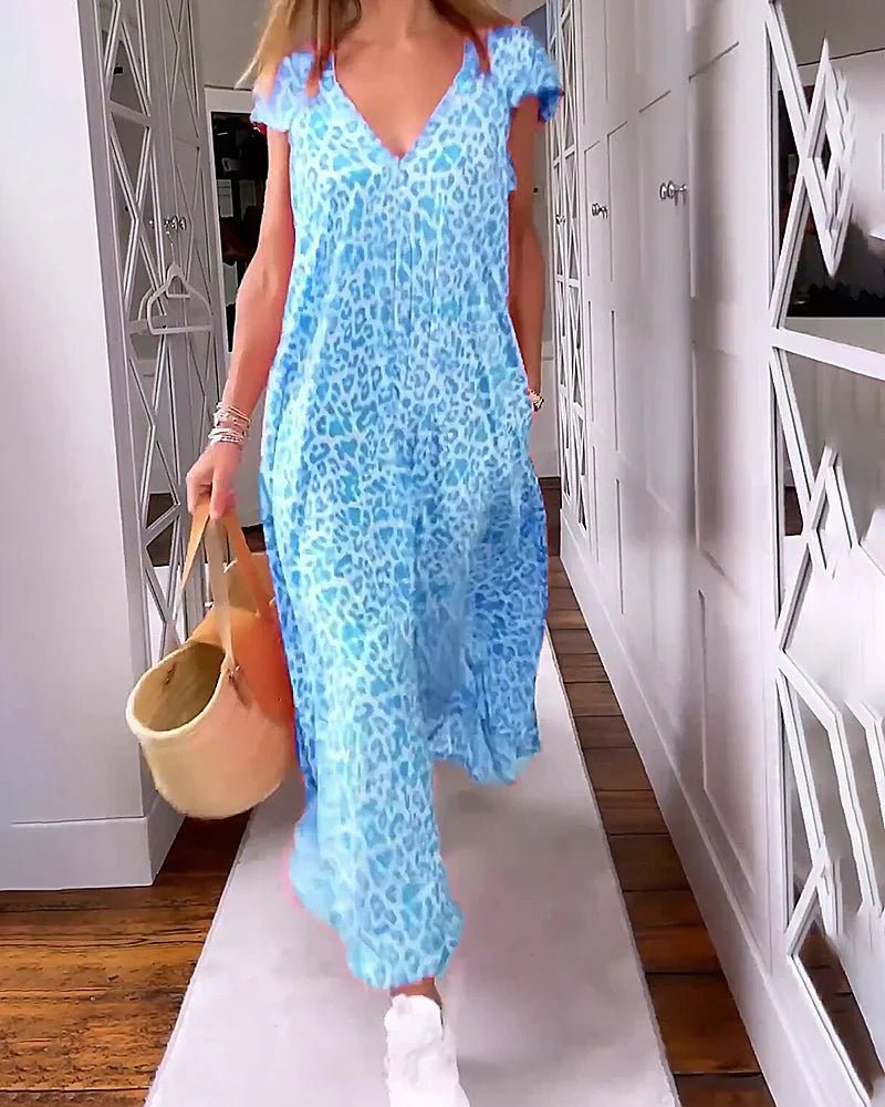 Elavita - Rosma - Long printed dress with V-neck and short sleeves