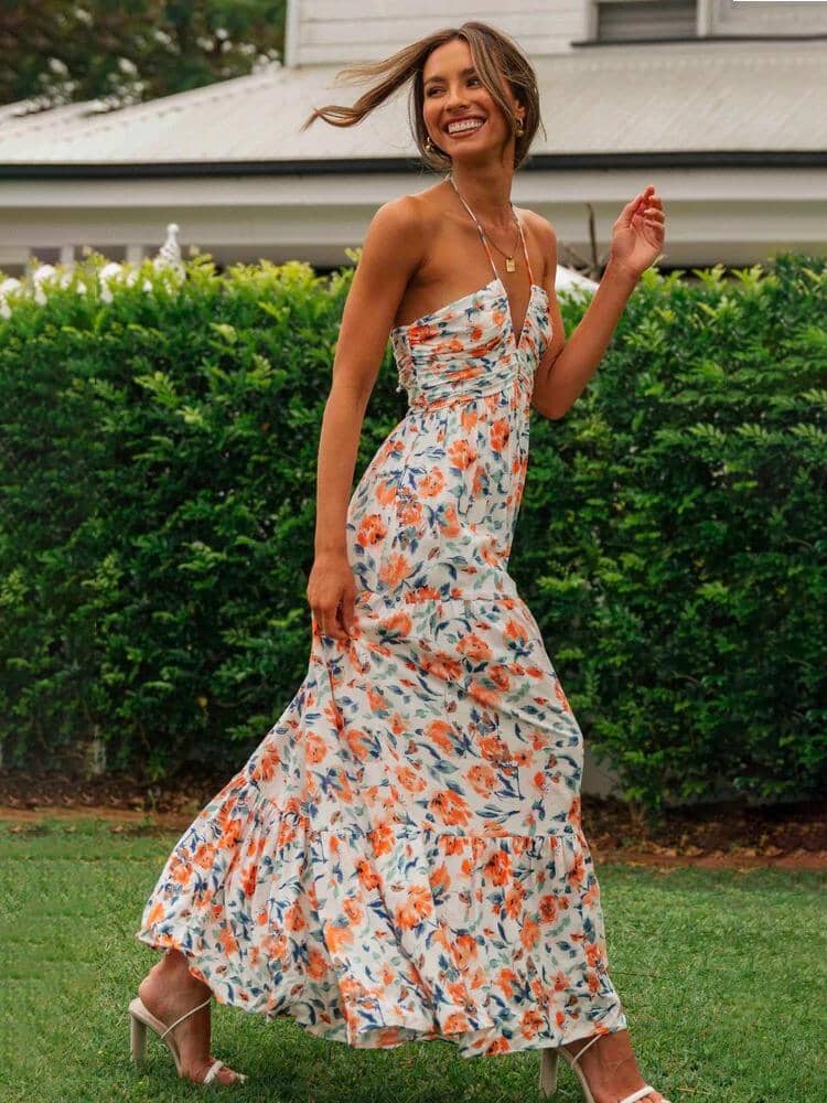 Elavita - Louise - Maxi summer dress with halter neck and floral pattern