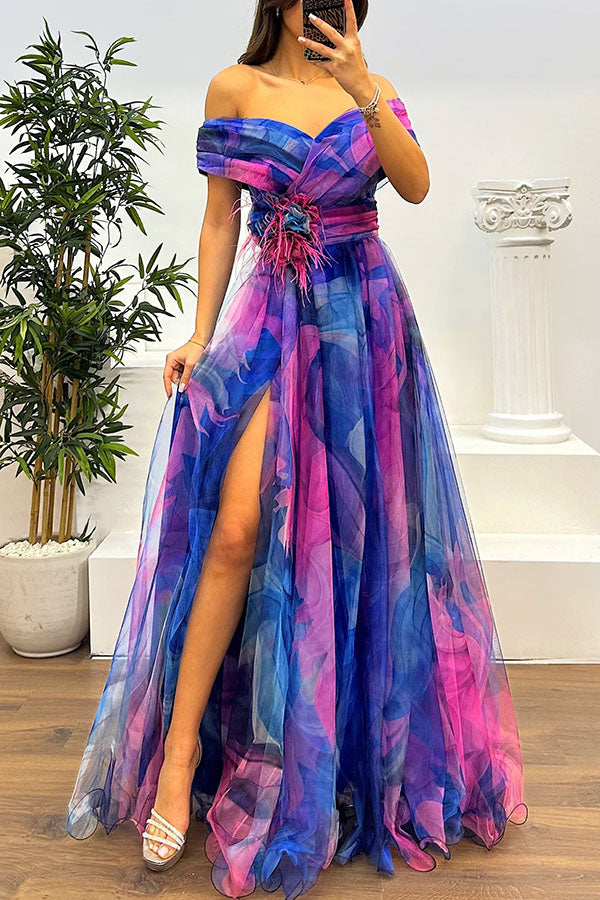 Elavita - Jinnie – Tulle Maxi Dress with Feather Detailing & Elegant Slit