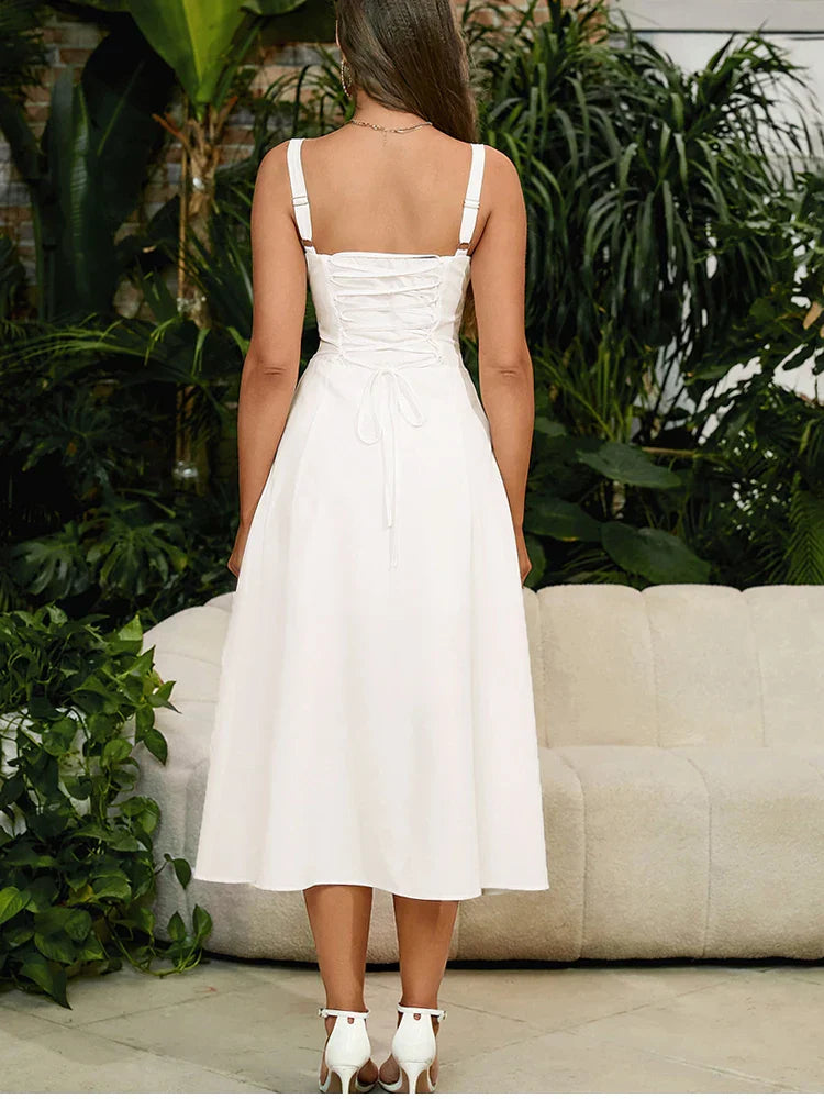 Elavita - Vana - Corset Lace-Up White Midi Dress