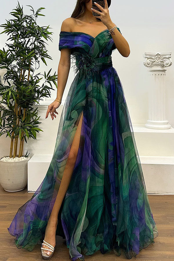 Elavita - Jinnie – Tulle Maxi Dress with Feather Detailing & Elegant Slit