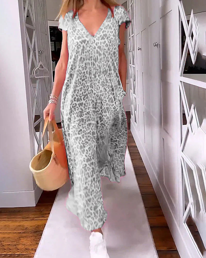 Elavita - Rosma - Long printed dress with V-neck and short sleeves