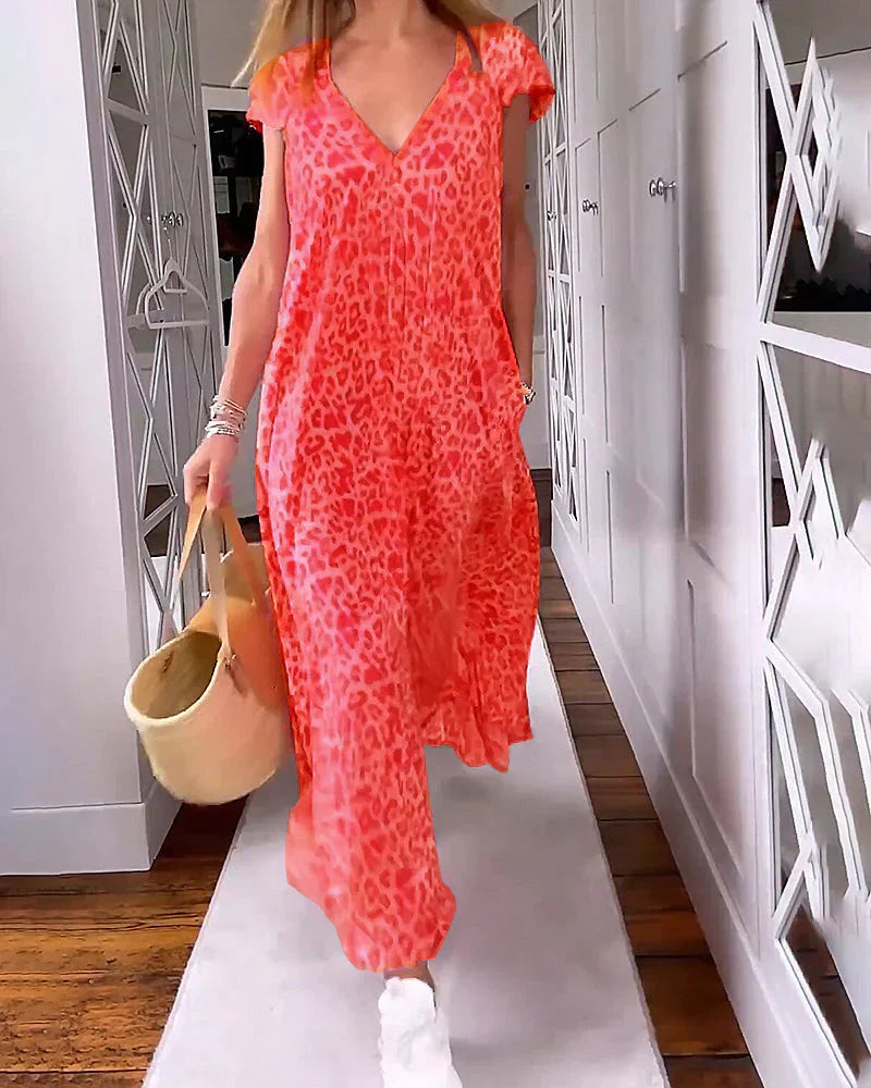 Elavita - Rosma - Long printed dress with V-neck and short sleeves